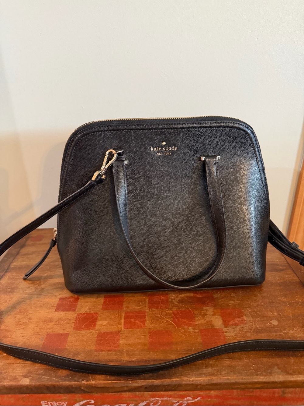 kate spade Black Leather Dome Satchel with Crossbody Strap